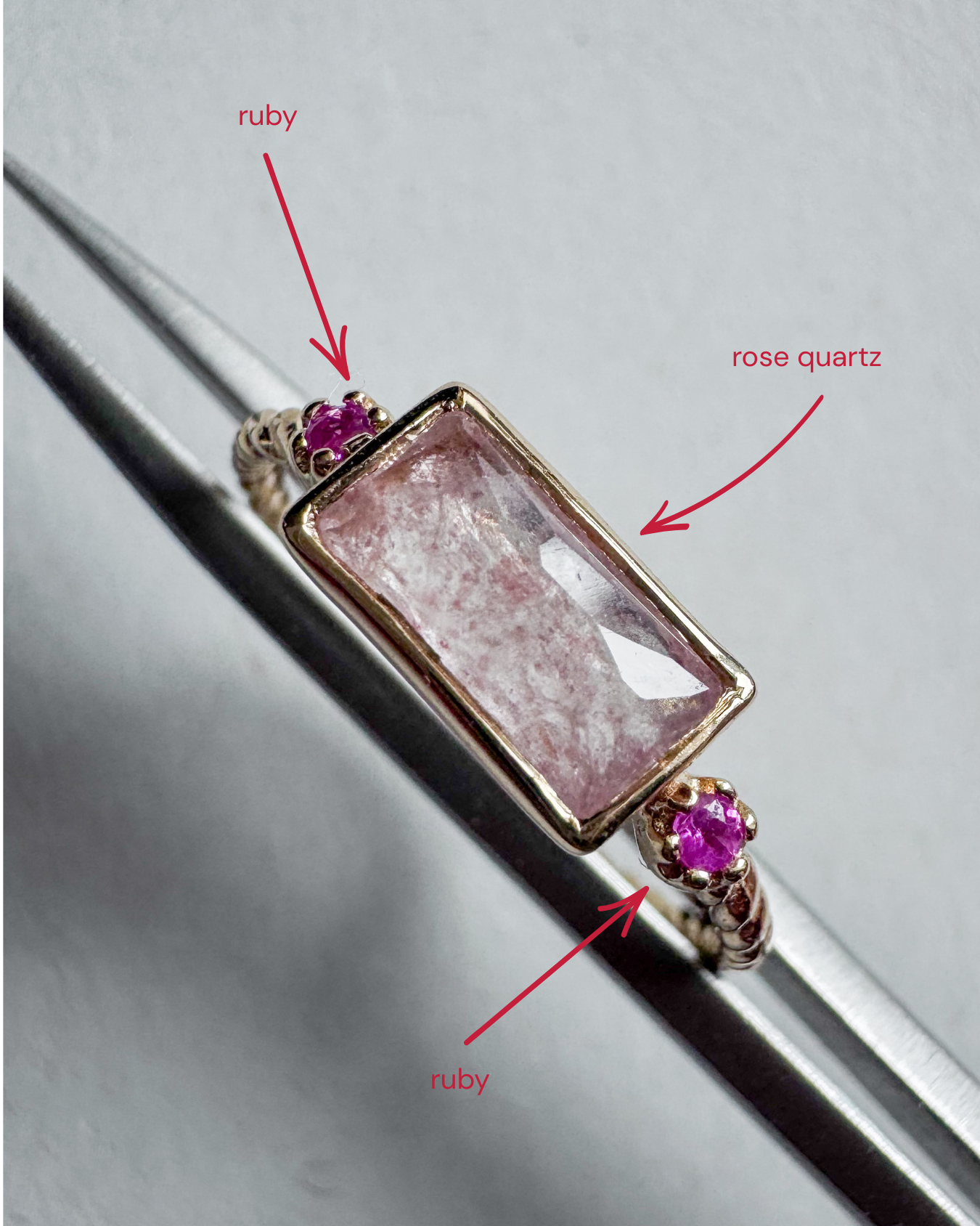 18ct gold plated silver ring with strawberry quartz & ruby