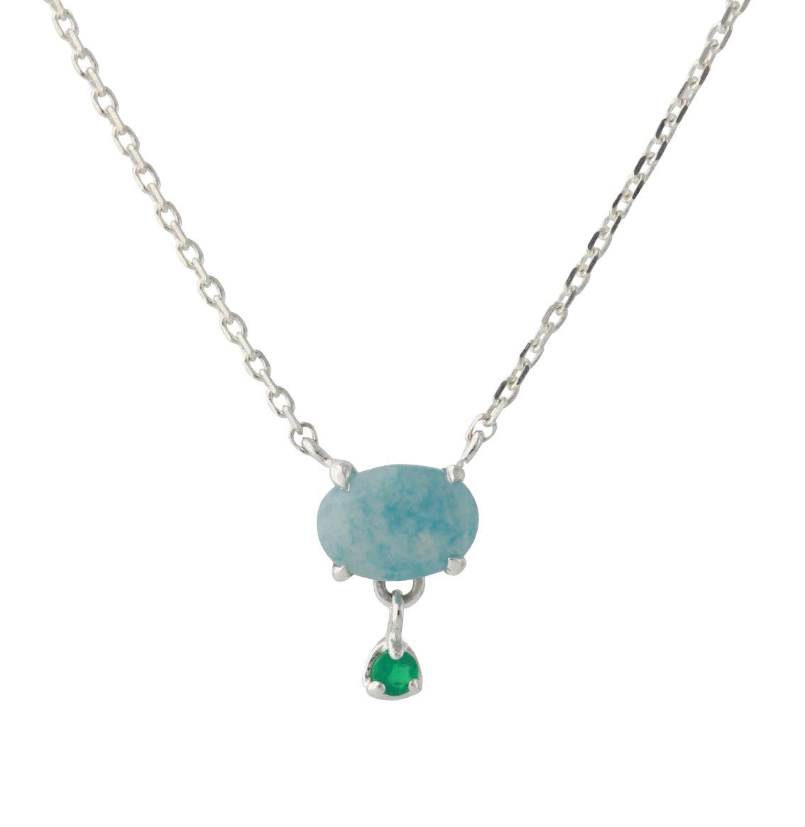 Silver necklace with blue quartz & green onyx droplet