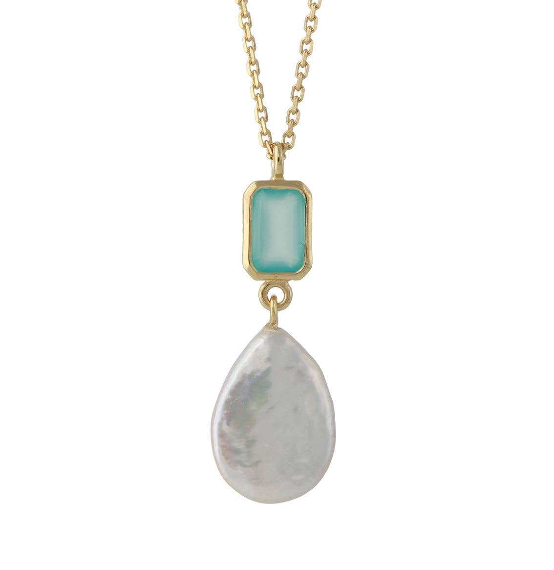 Aqua Chalcedony and Baroque Pearl Necklace in 18ct Gold-Plated Sterling Silver