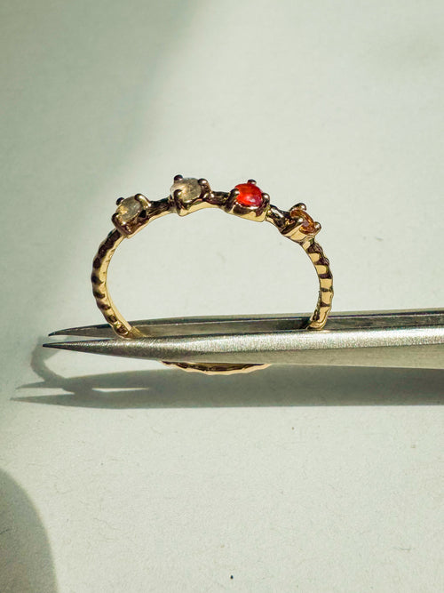 18ct gold-plated sterling silver ring with carnelian, citrine, and labradorite stones on a beaded band
