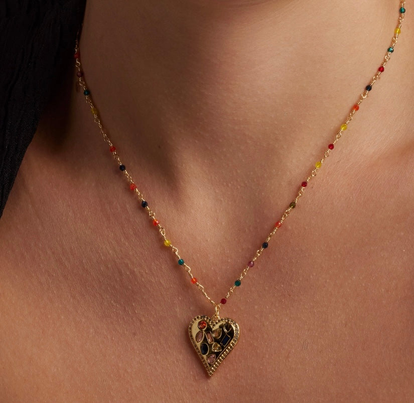 18k Gold-Finish Sterling Silver Heart Necklace with Multicolour Beads