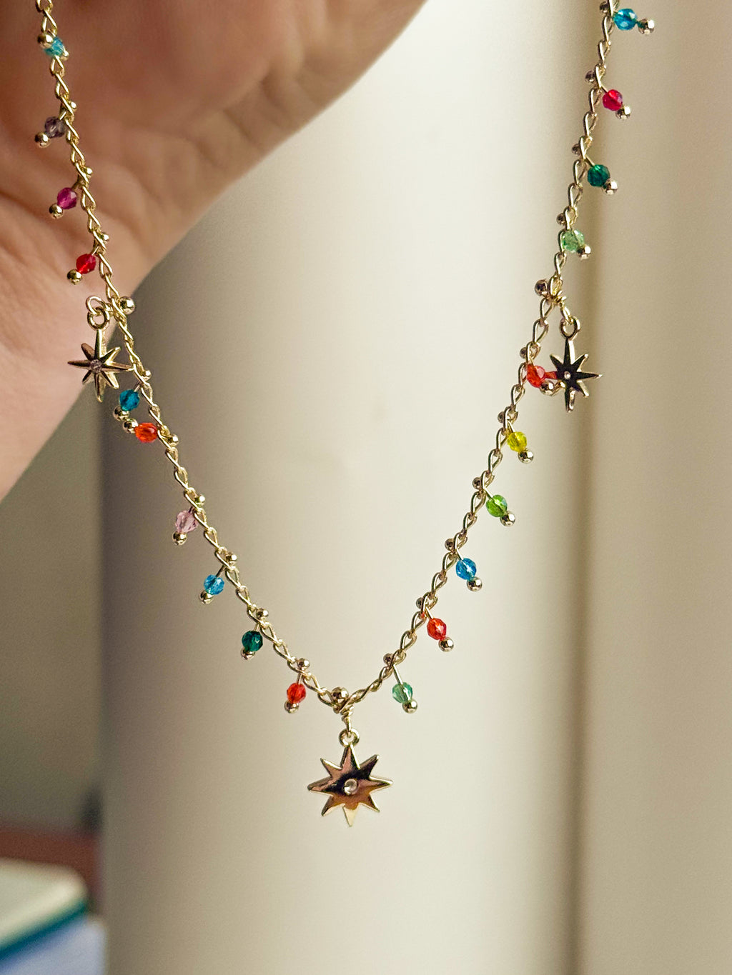 18k Gold-Finish Sterling Silver Necklace with Multicolour Crystal & Star Charms