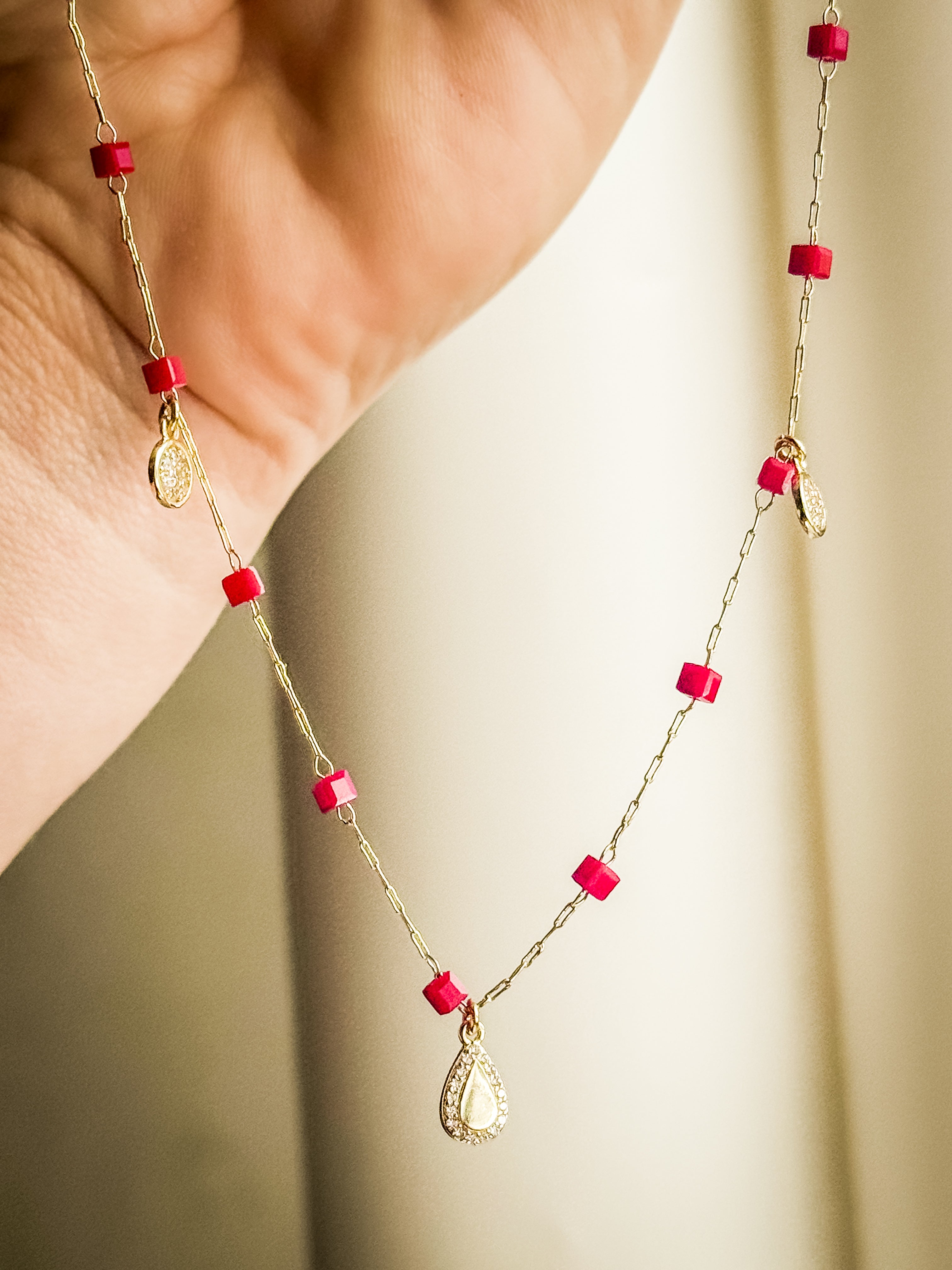 18k Gold-Finish Sterling Silver Necklace with Red Crystal & CZ Charms
