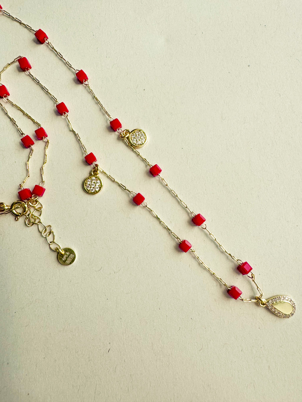 18k Gold-Finish Sterling Silver Necklace with Red Crystal & CZ Charms