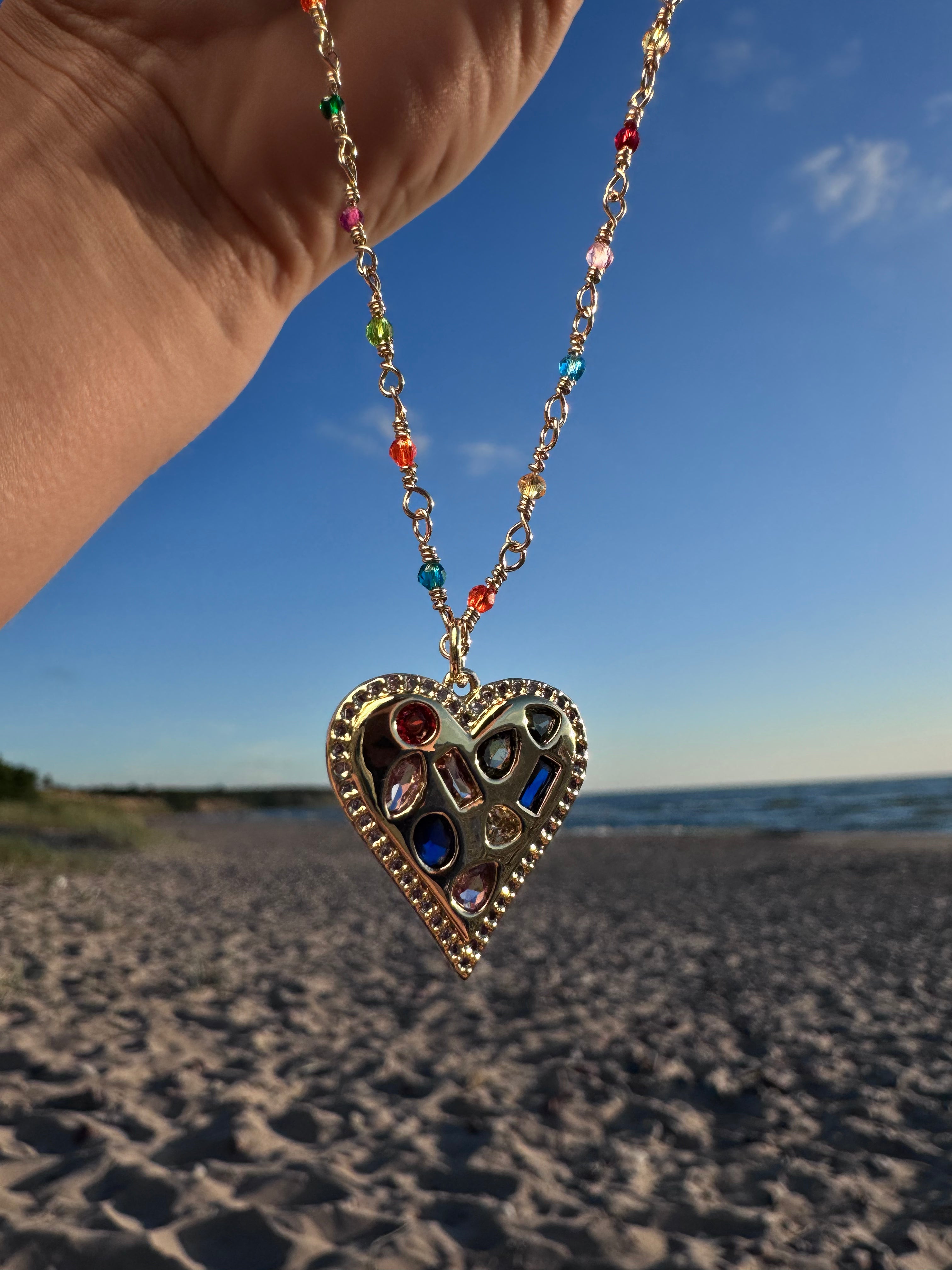 Gold-finish sterling silver necklace with a multicolour cubic zirconia heart pendant and beaded chain
