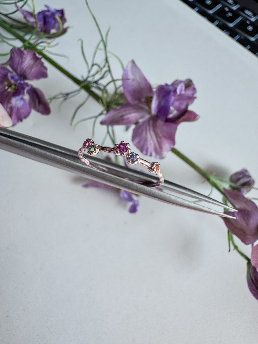 Silver ring rose gold plated with various gemstones