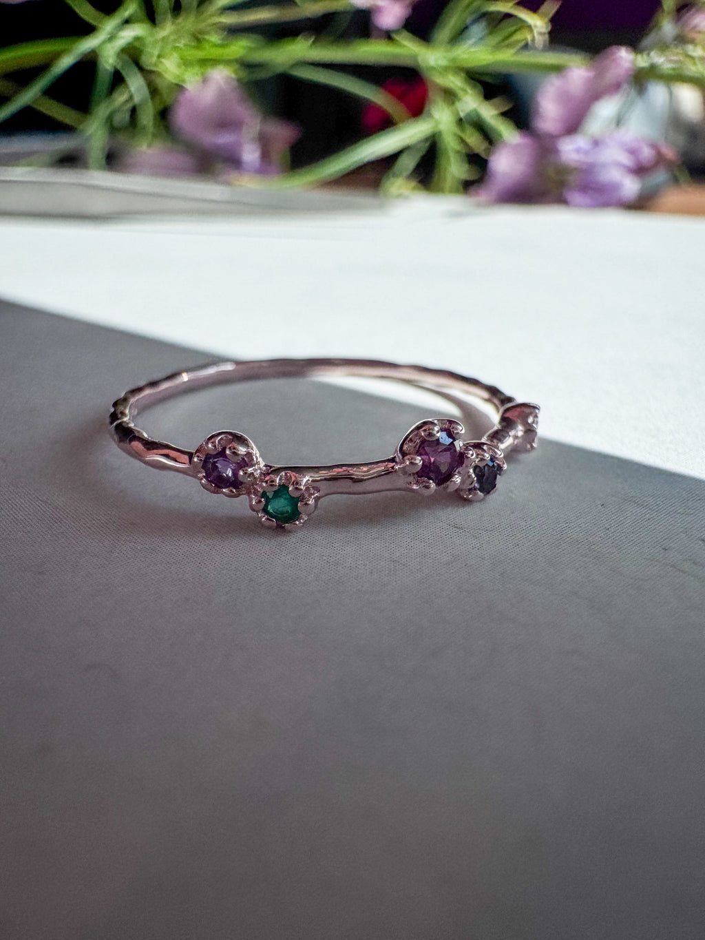 Silver ring rose gold plated with various gemstones