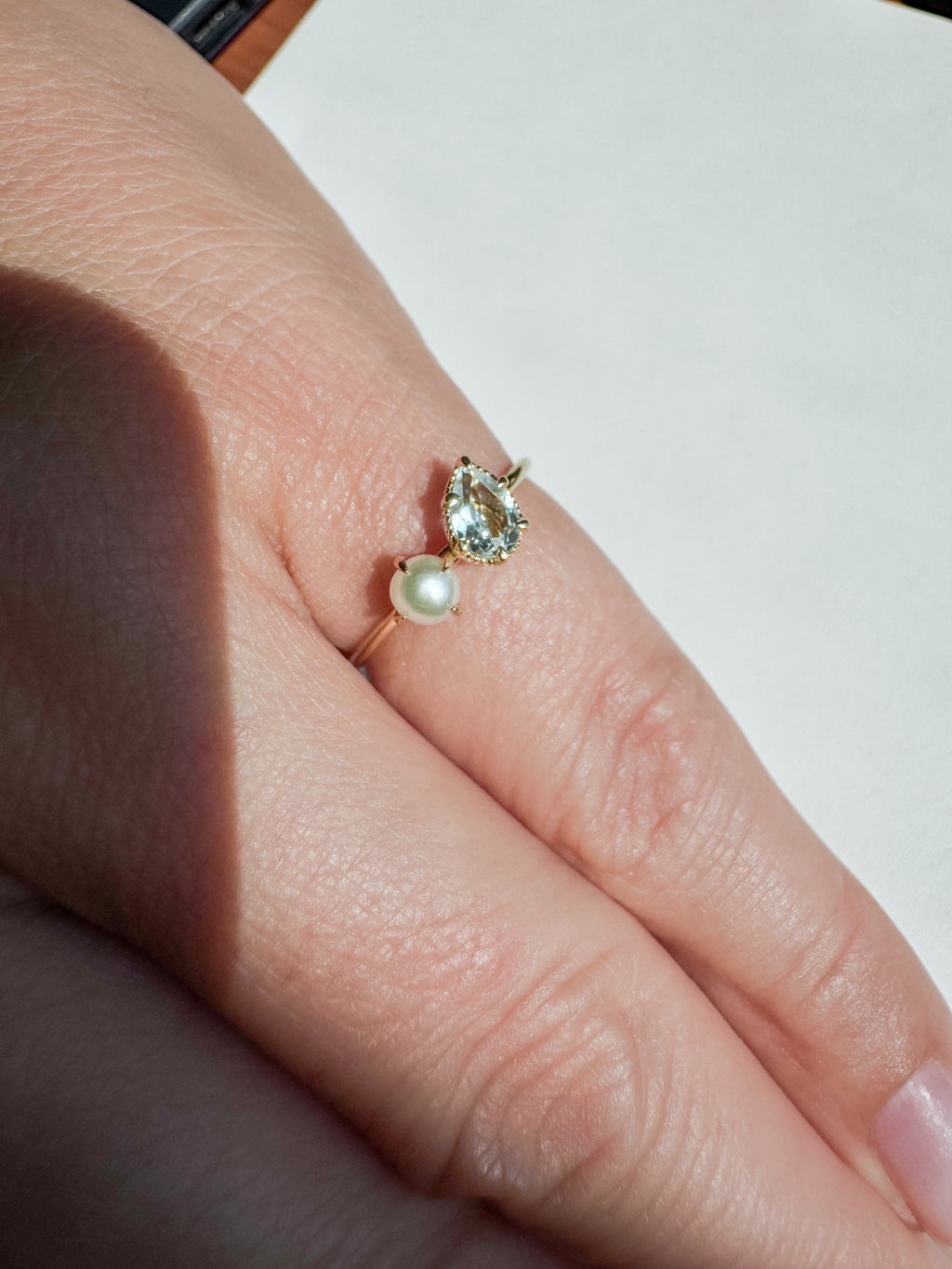 Silver ring 18ct gold-plated with 4x6 mm topaz & 4 mm freshwater cultured pearl