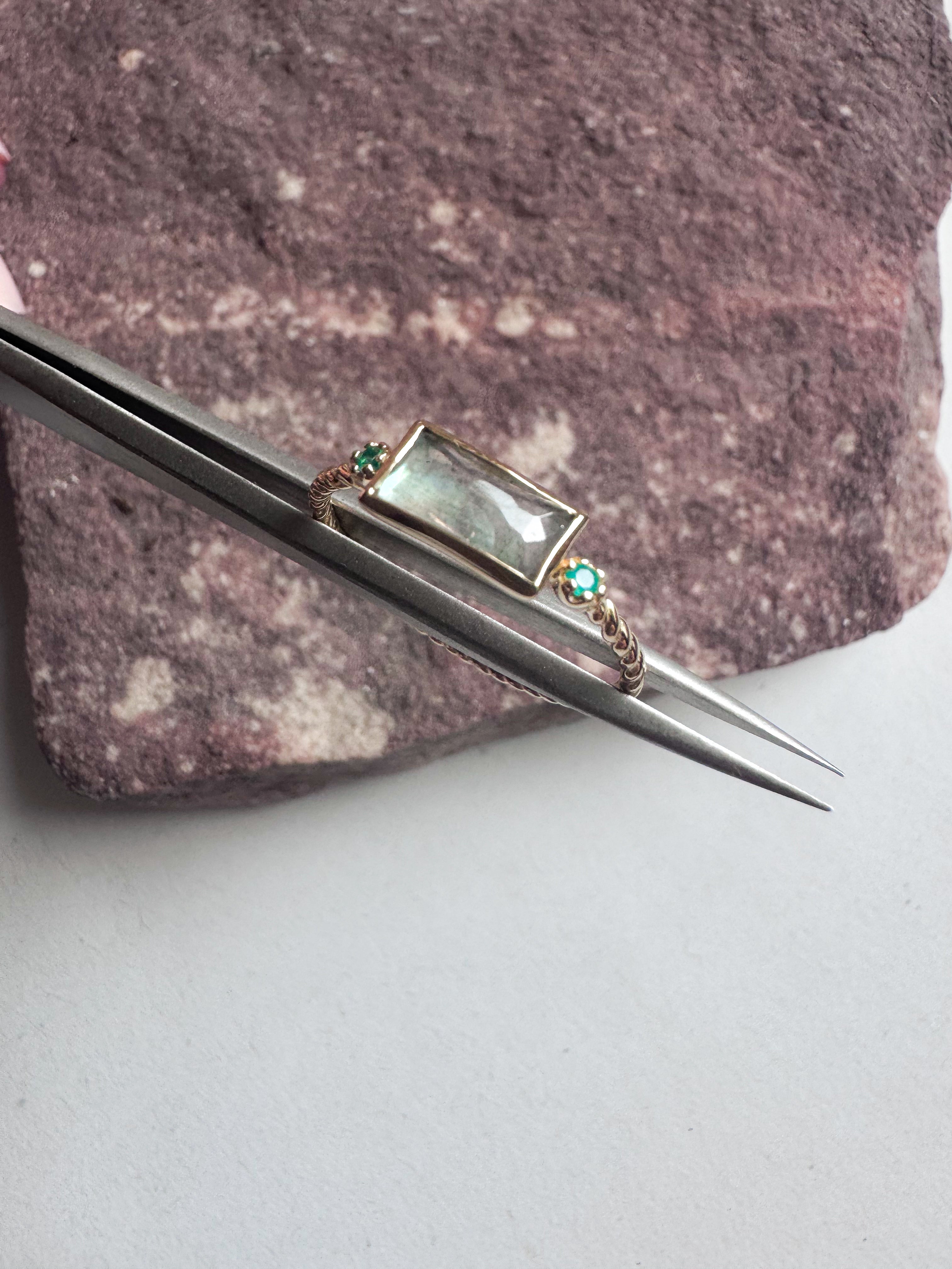 18ct gold plated rope silver ring with labradorite & green onyx