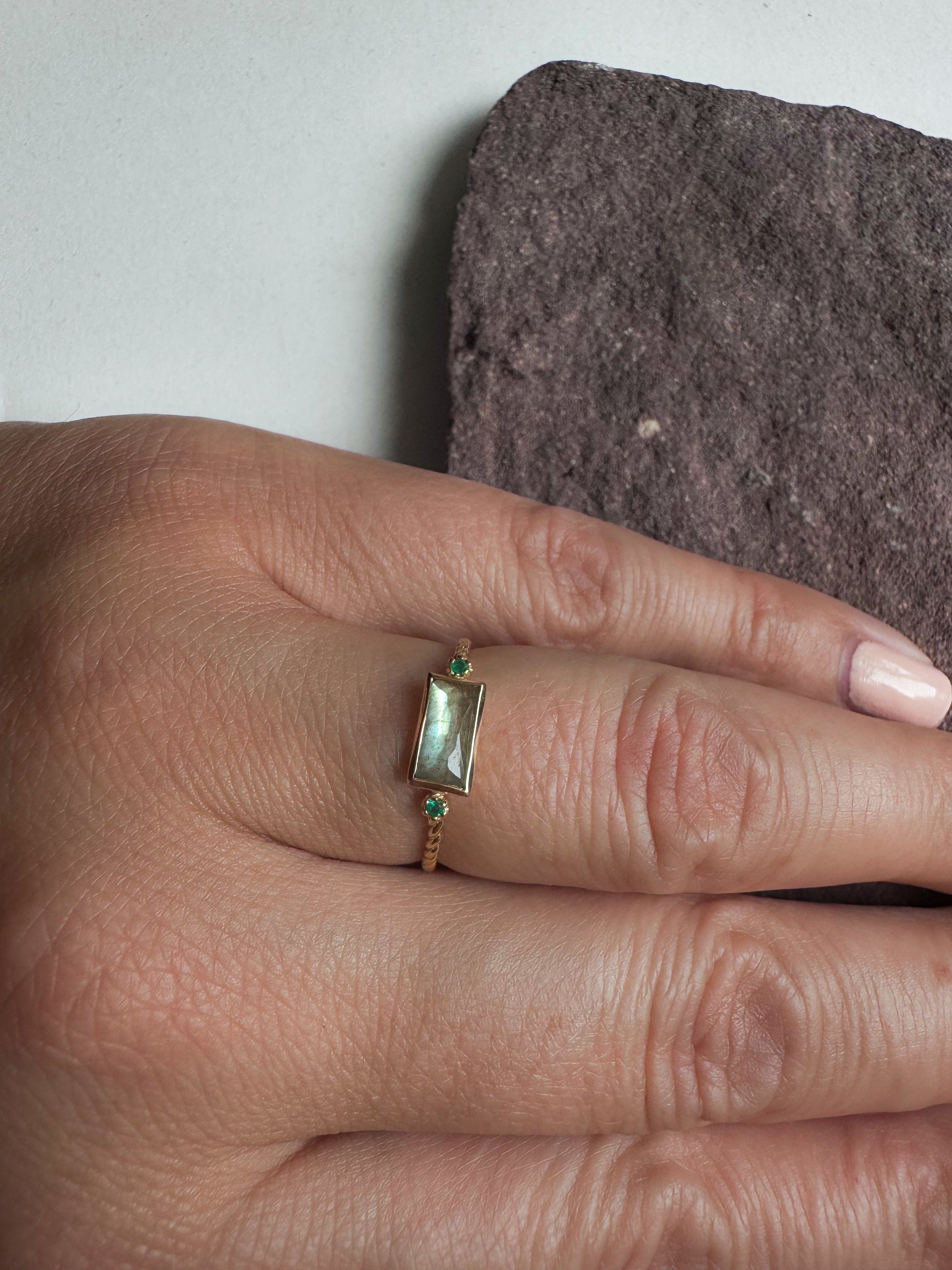 18ct gold plated rope silver ring with labradorite & green onyx