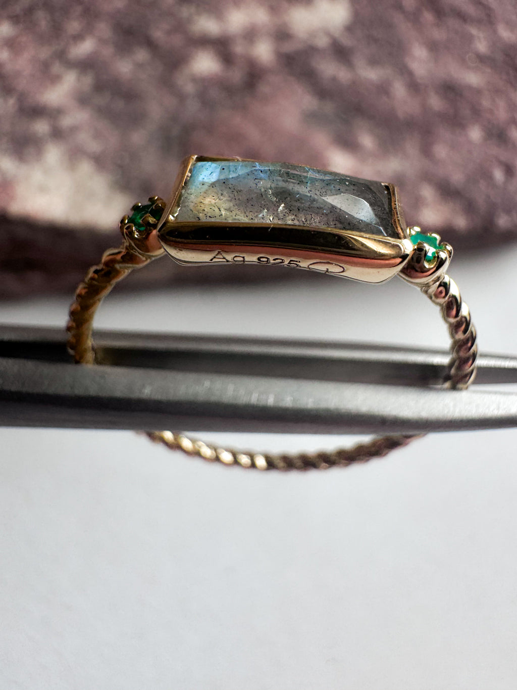 18ct gold plated rope silver ring with labradorite & green onyx