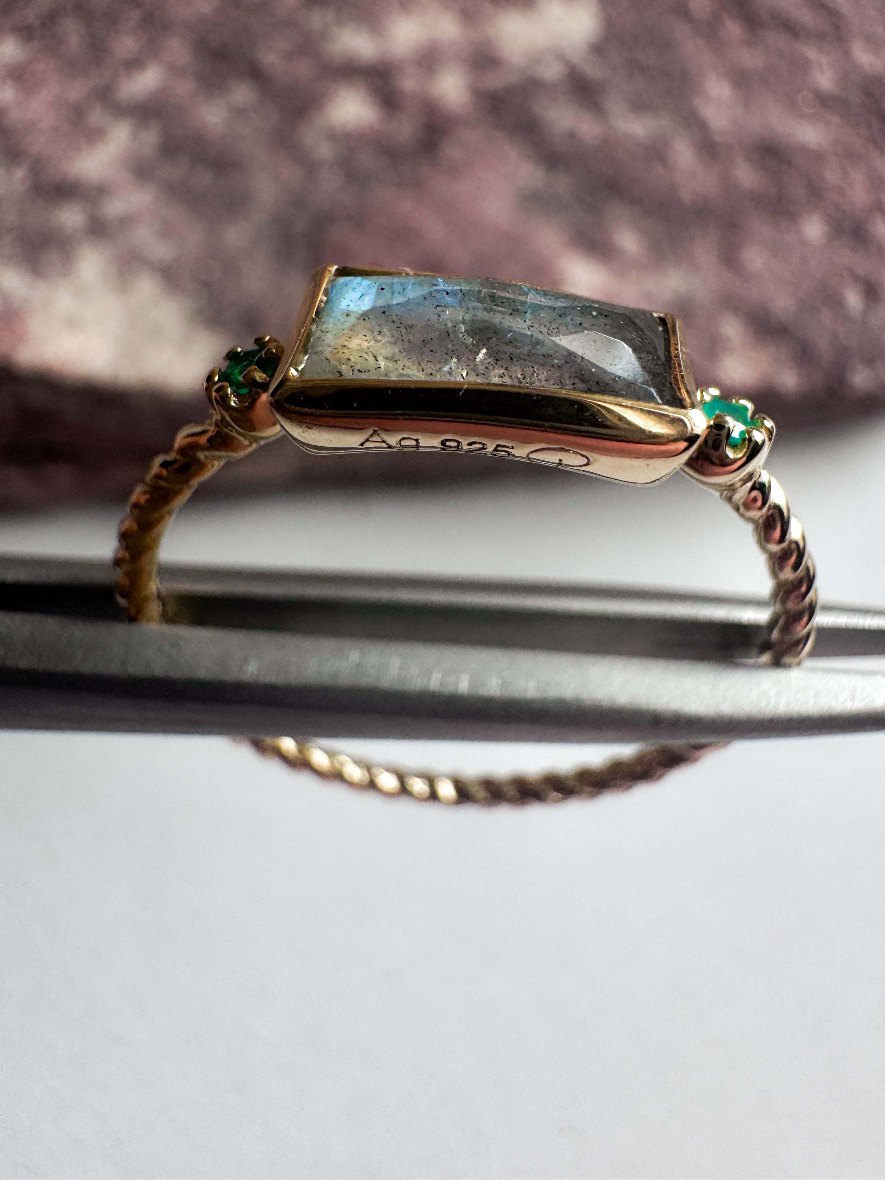 18ct gold plated rope silver ring with labradorite & green onyx