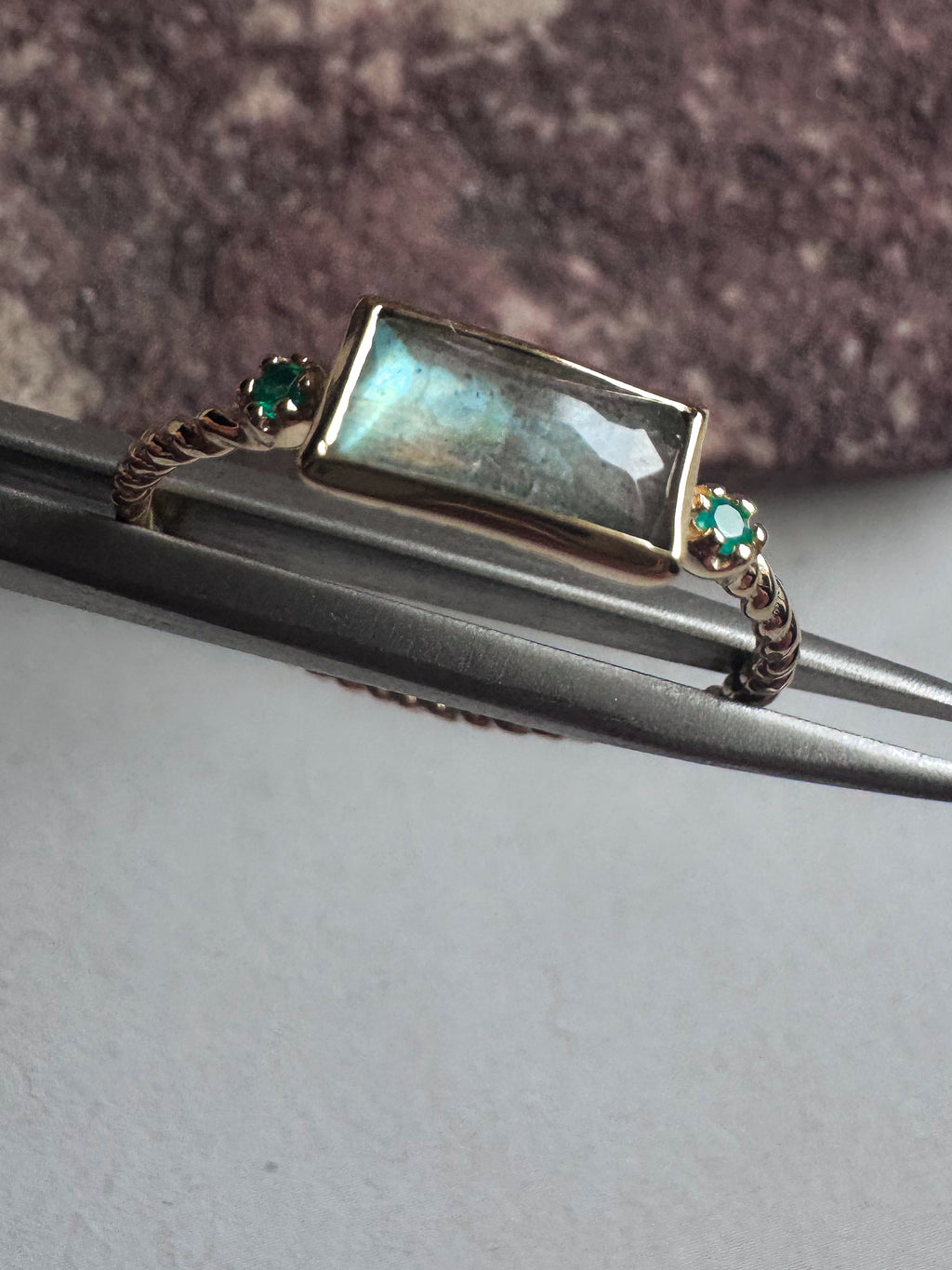 18ct gold plated rope silver ring with labradorite & green onyx