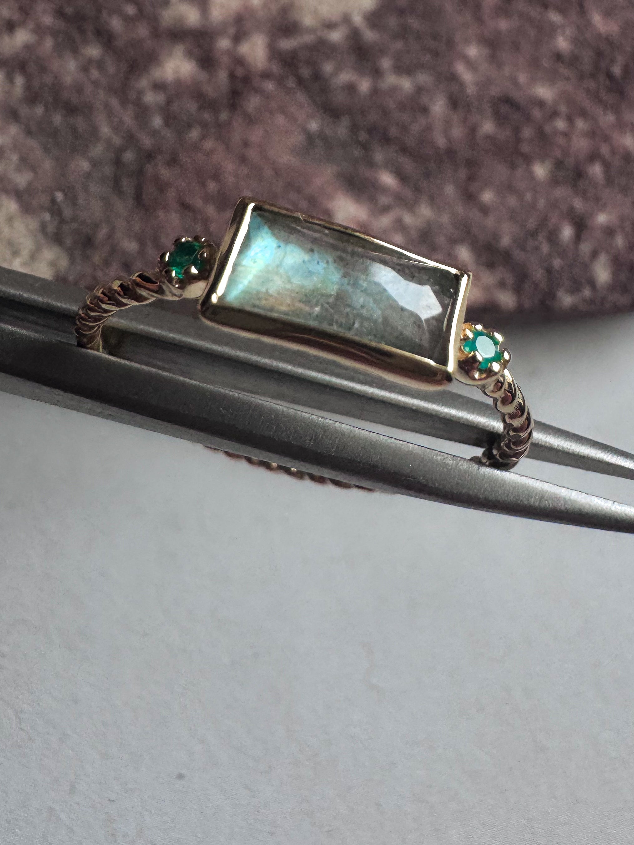 18ct gold plated rope silver ring with labradorite & green onyx