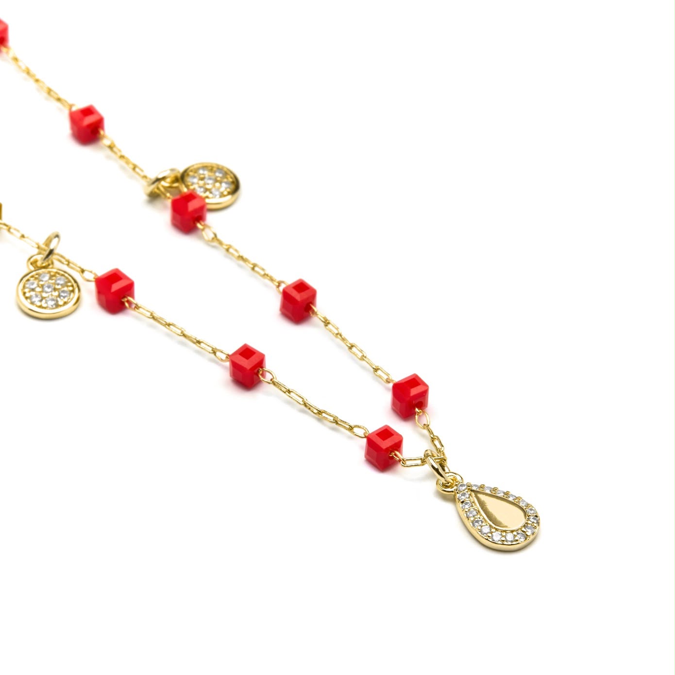 18k Gold-Finish Sterling Silver Necklace with Red Crystal & CZ Charms