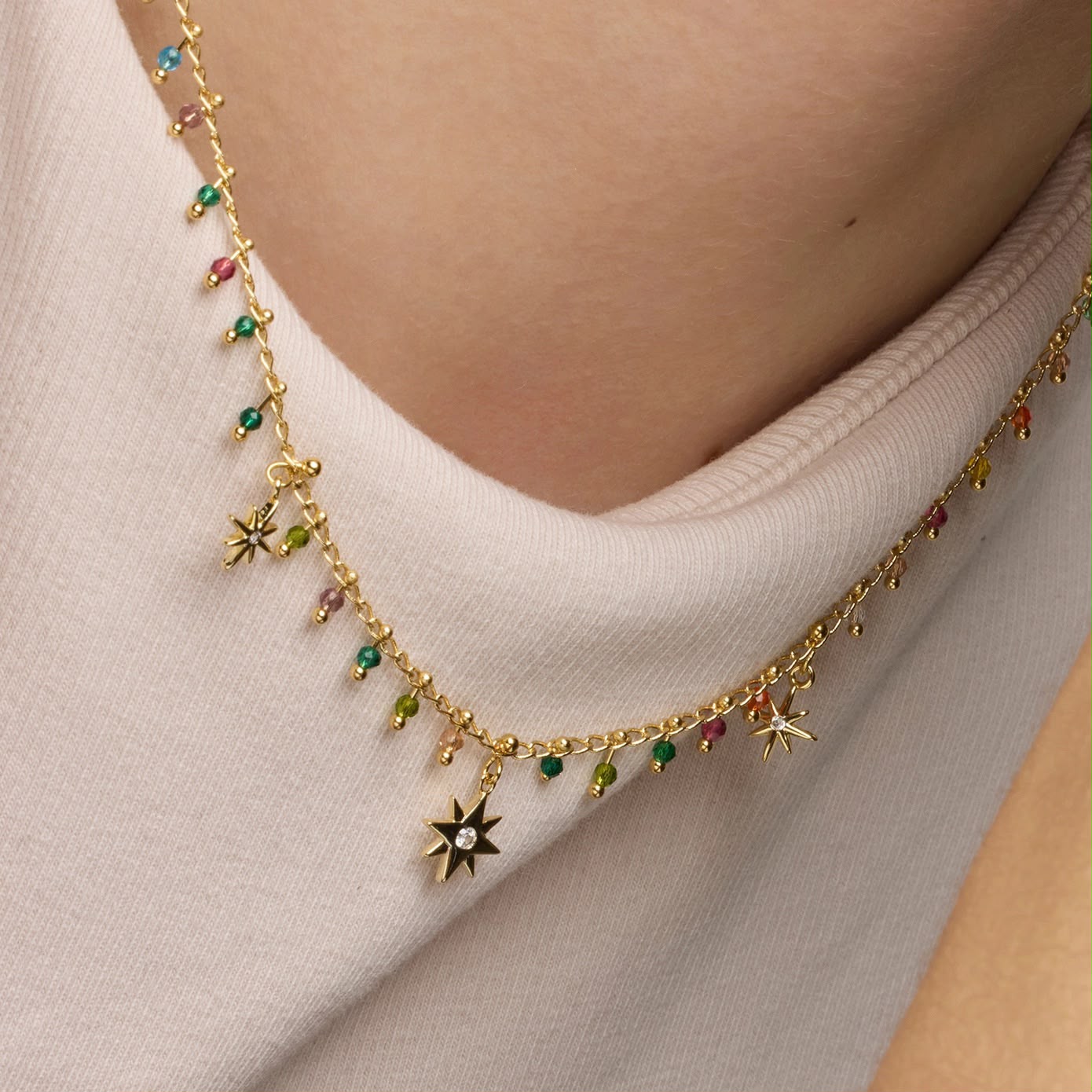 18k Gold-Finish Sterling Silver Necklace with Multicolour Crystal & Star Charms